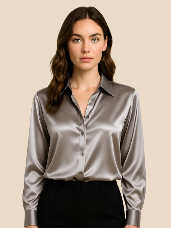 Stylish long sleeve work blouse with button front, perfect for office professionals.