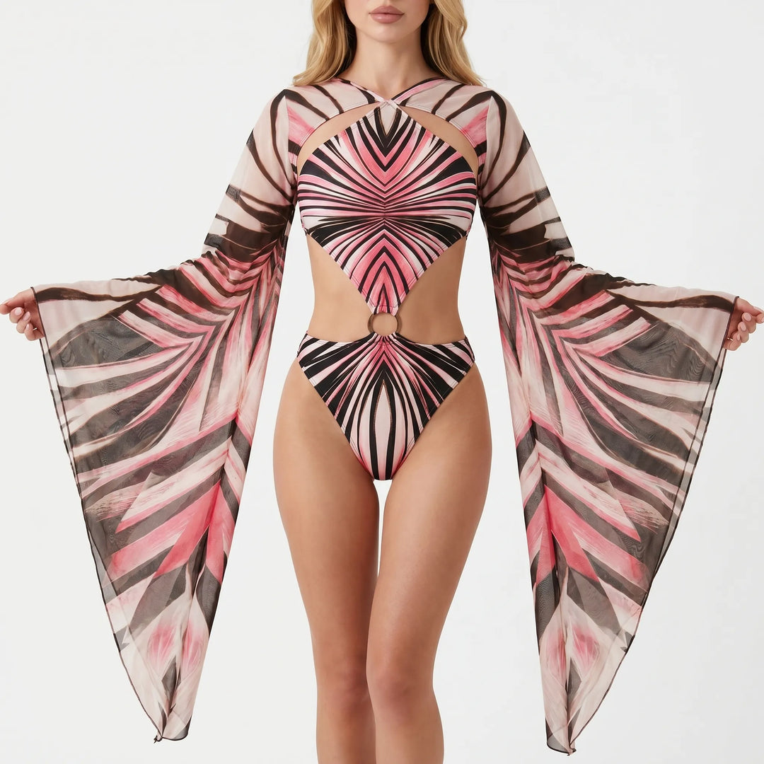 Modern abstract print long-sleeve monokini. Women's elegant one-piece swimsuit with chic cutouts for resort.