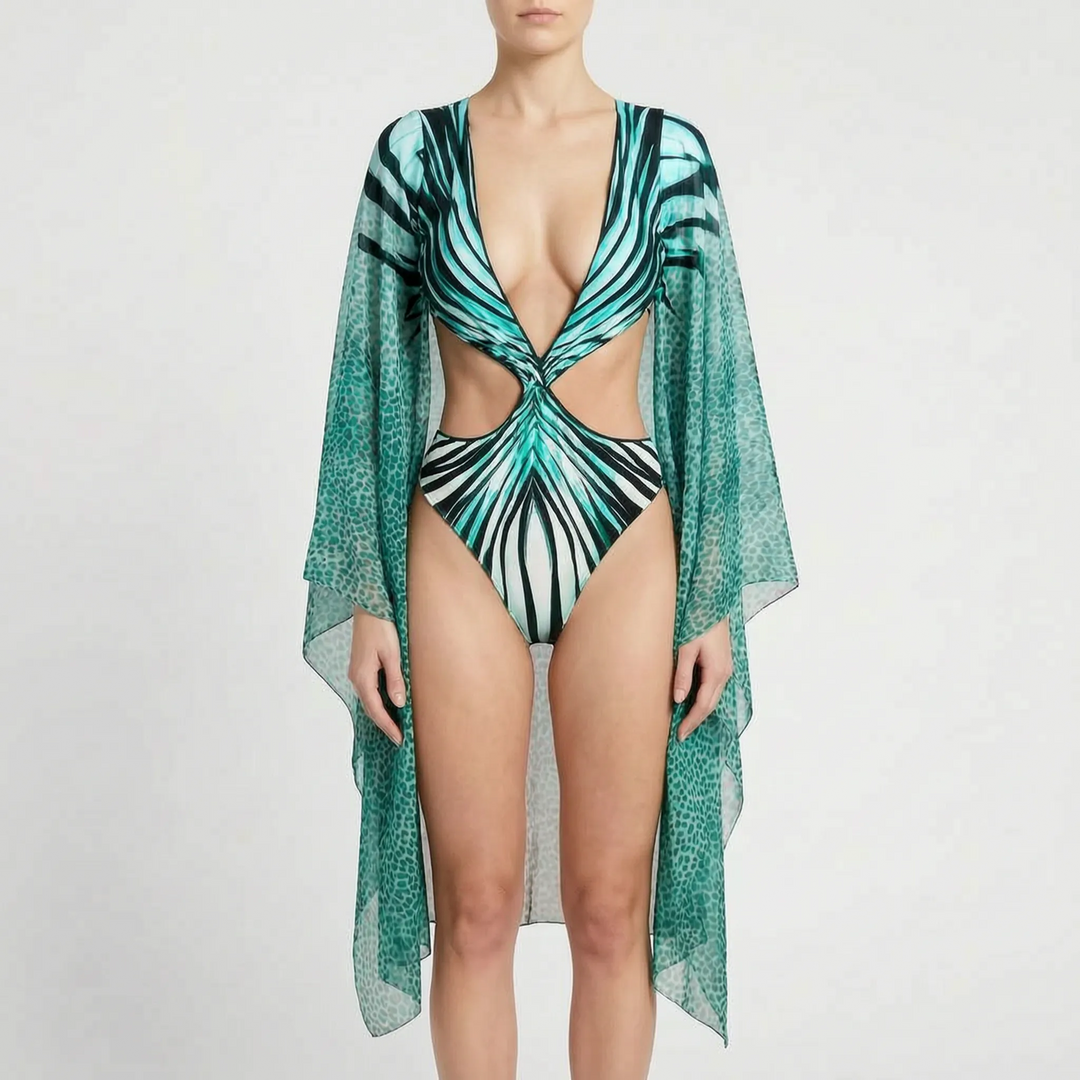 Flared sleeve long-sleeve monokini with chic cutouts. Women's elegant one-piece swimwear for resort vacation.
