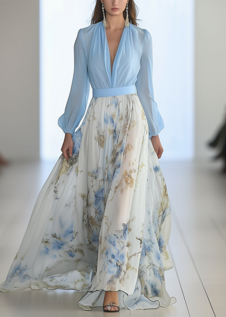 Elegant women's long-sleeve floral maxi dress with deep V-neck, perfect for spring/summer occasions.