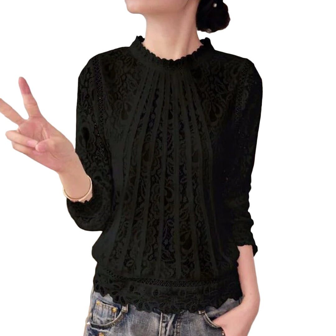 Elegant women's long sleeve lace blouse with a delicate floral pattern and stand collar, available in white or black.