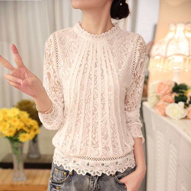 Romantic sheer long sleeve lace top for women, featuring a beautiful floral design and chic stand-up collar.