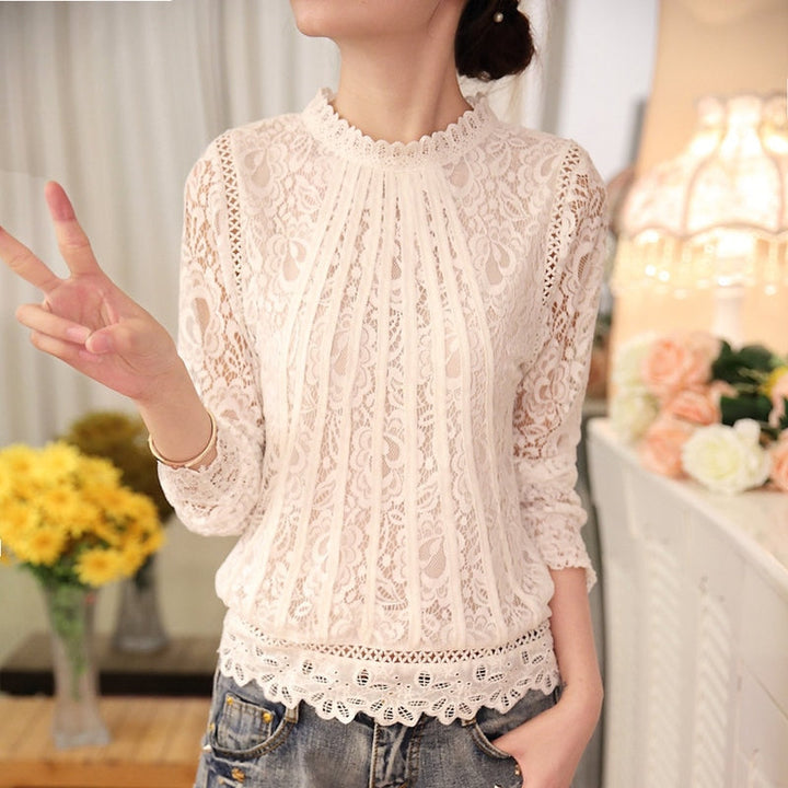 Romantic sheer long sleeve lace top for women, featuring a beautiful floral design and chic stand-up collar.