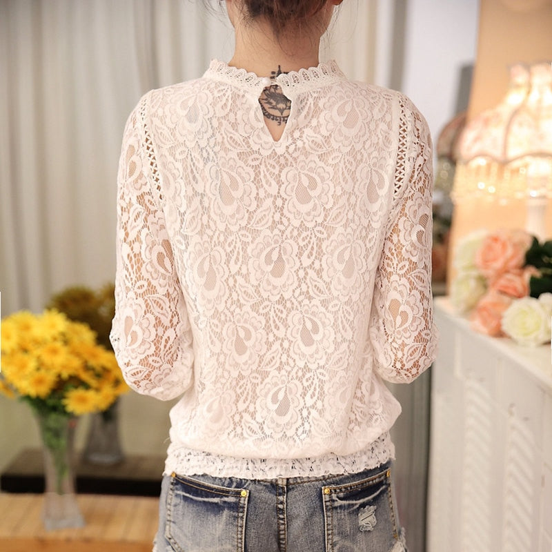 Elegant women's long sleeve blouse, crafted from exquisite white floral lace with a sophisticated stand collar.