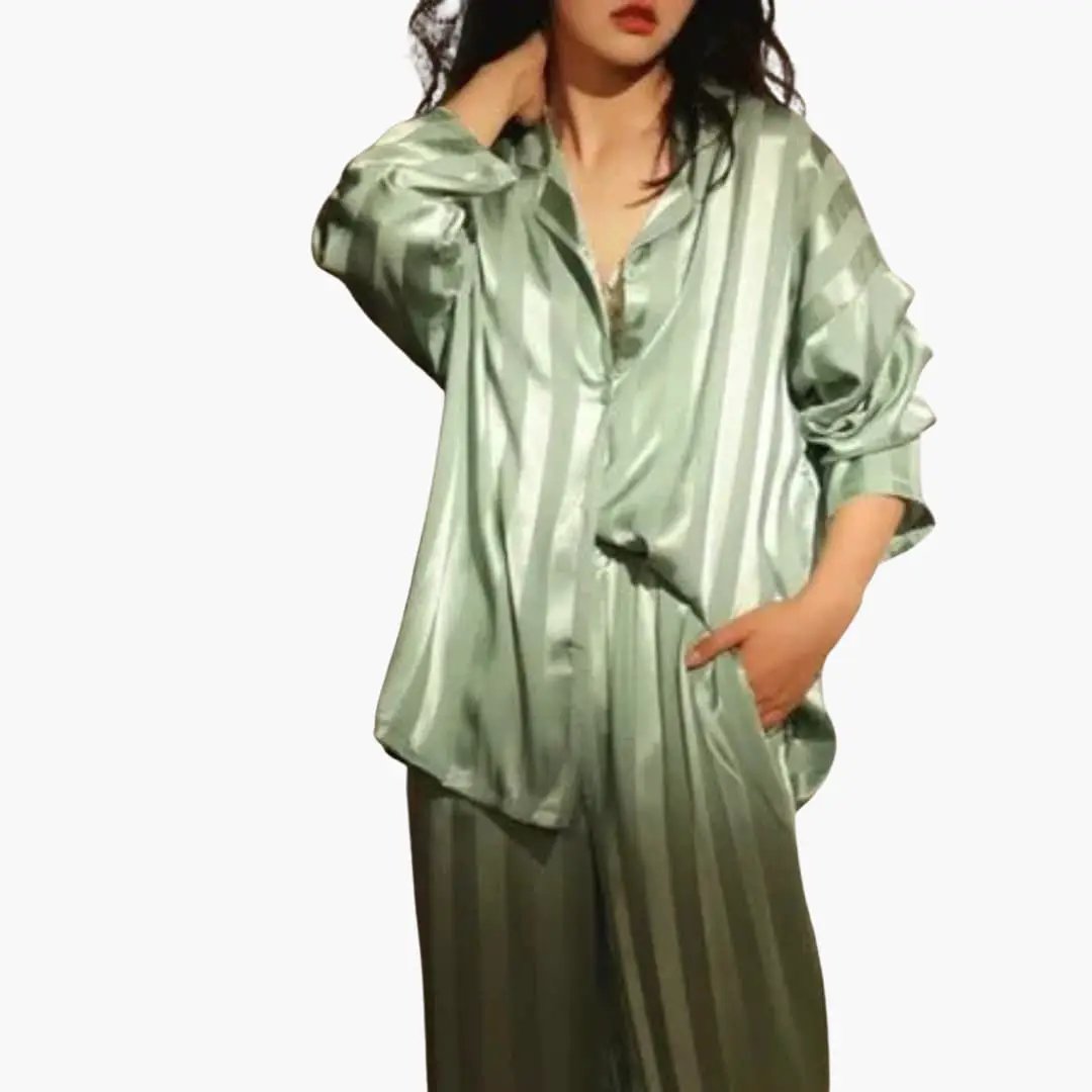 Elegant women's long sleeve lounge pajama set, relaxed fit, wide leg pants, perfect for cozy home wear.