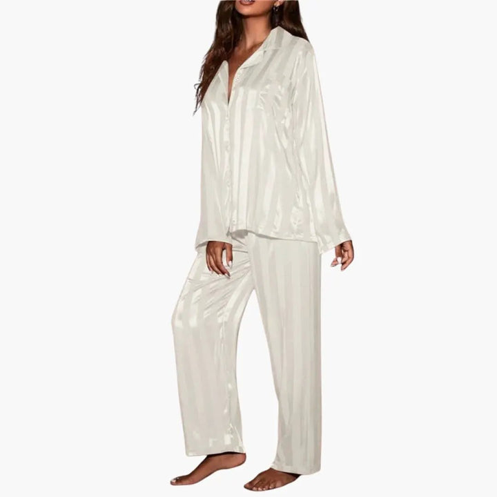Stylish women's long sleeve pajama set, relaxed fit, wide leg, elegant for comfortable sleepwear & lounging.