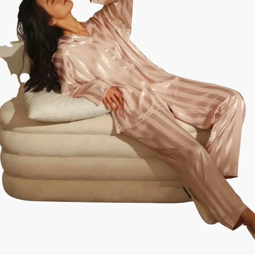 Relaxed fit women's elegant long sleeve pajama set, 2-piece wide leg lounge wear for comfortable sleep.