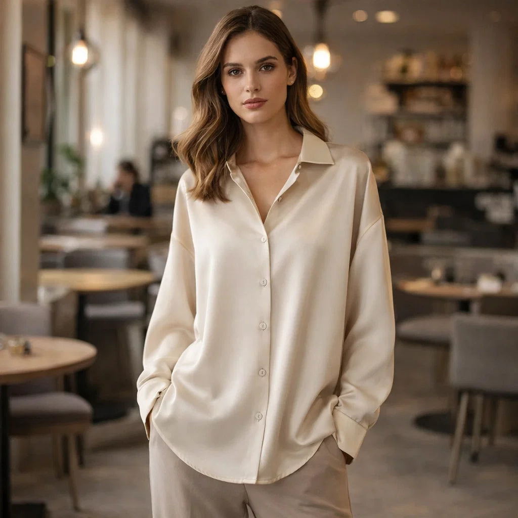 Elegant women's long sleeve office blouse, professional chic loose fit top for workwear.