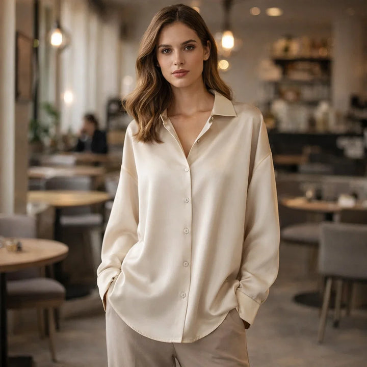 Elegant women's long sleeve office blouse, professional chic loose fit top for workwear.