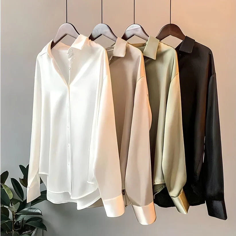 Loose fit long sleeve women's blouse, elegant and comfortable workwear top for the office.