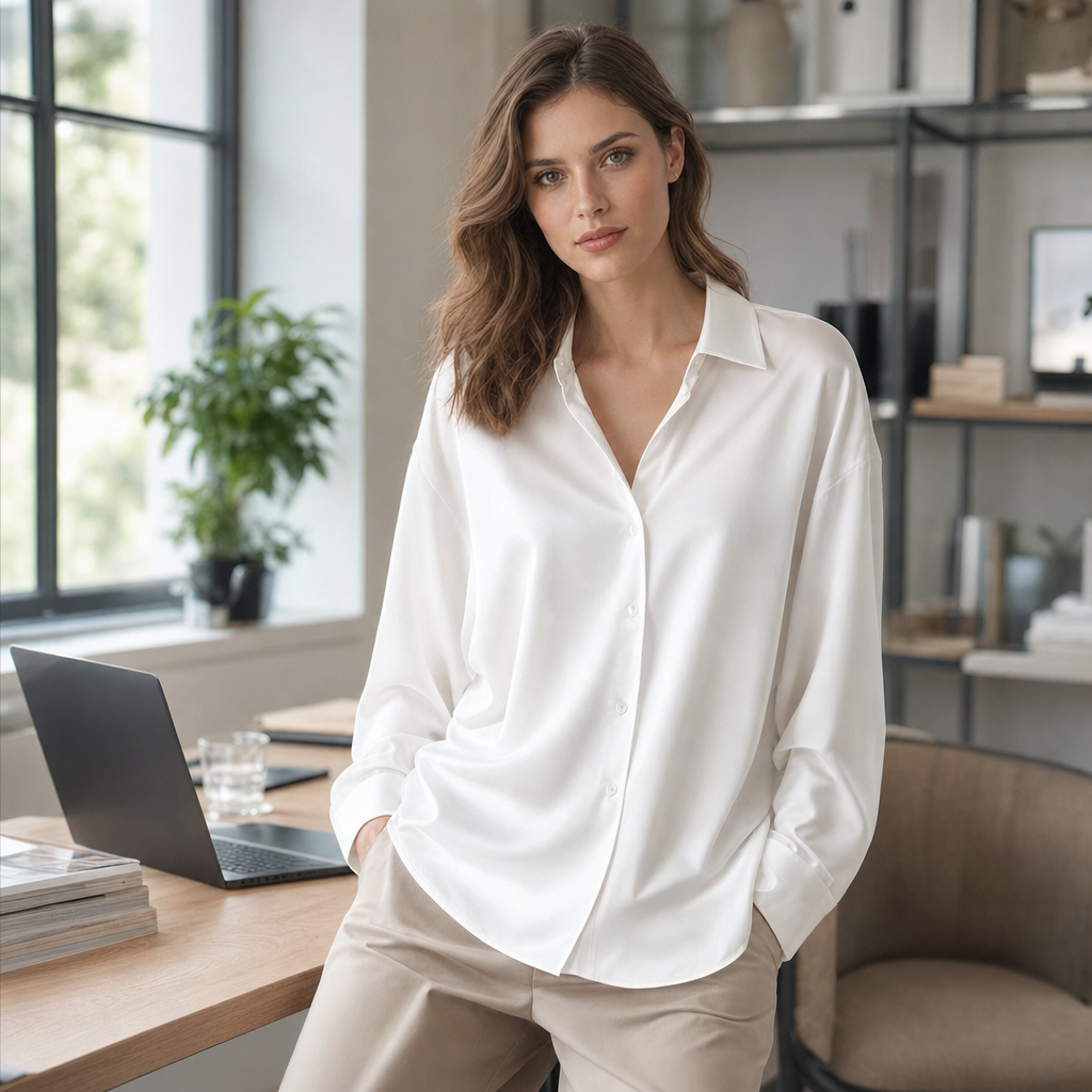 Casual yet elegant women's long sleeve blouse, versatile and chic loose fit top for office.