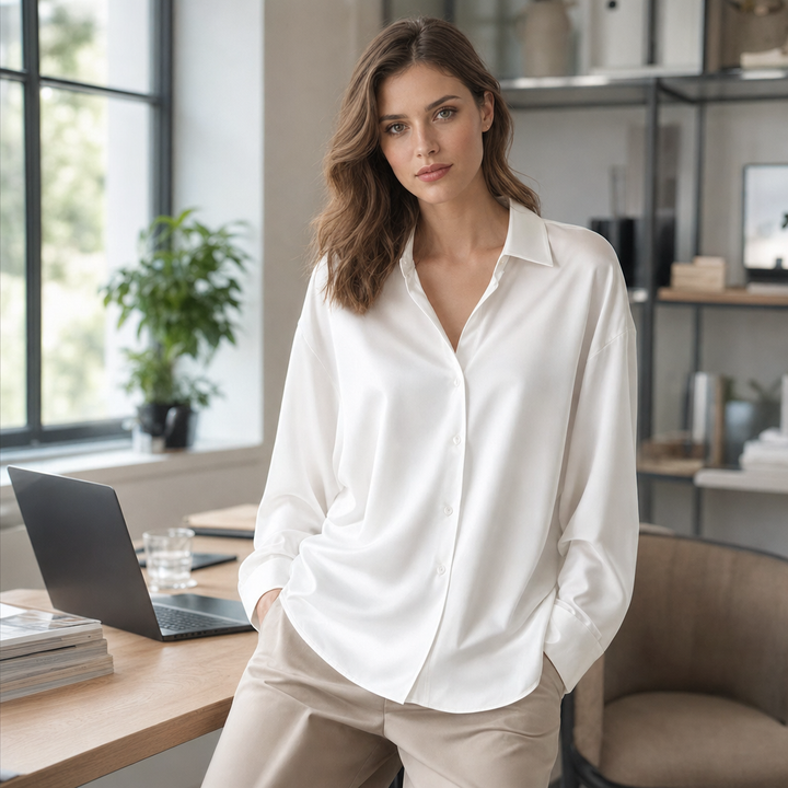 Casual yet elegant women's long sleeve blouse, versatile and chic loose fit top for office.