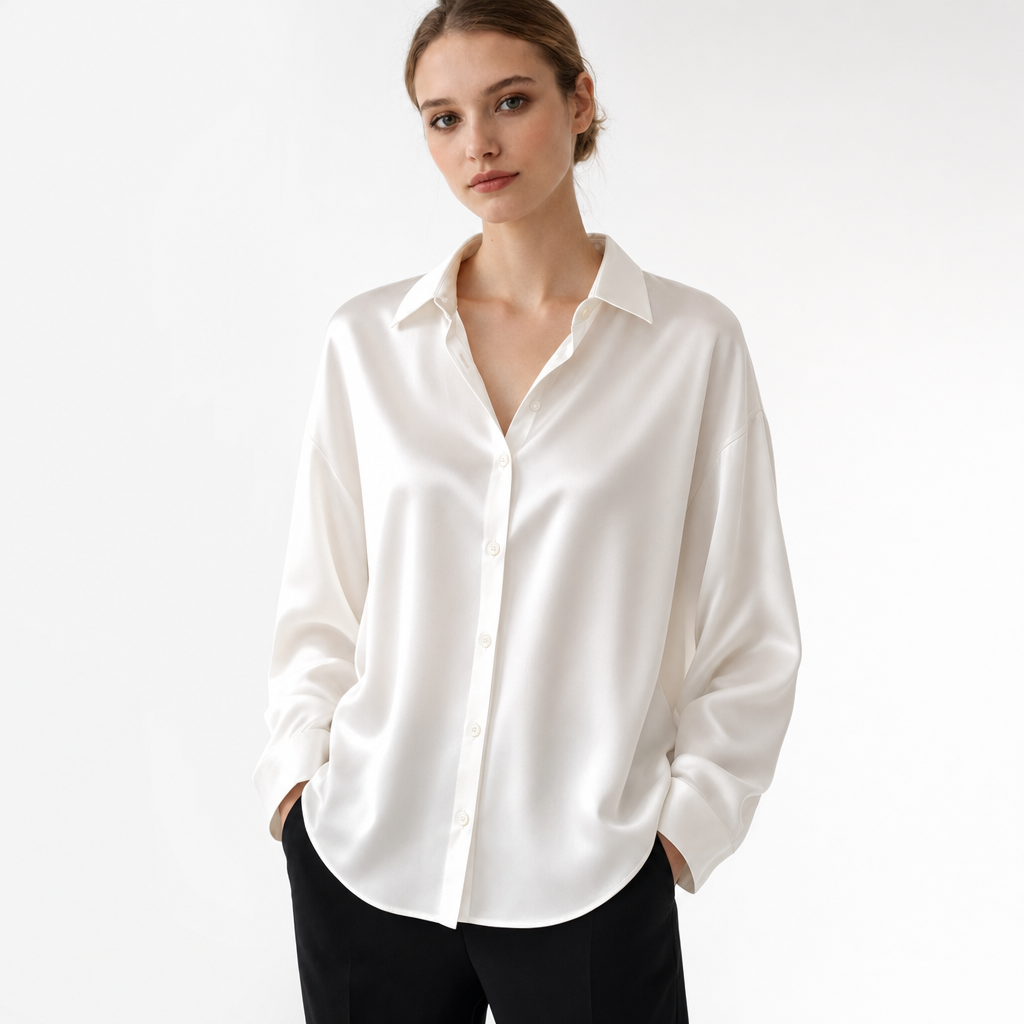 Elegant women's long sleeve top, a chic and professional blouse for office or workwear.