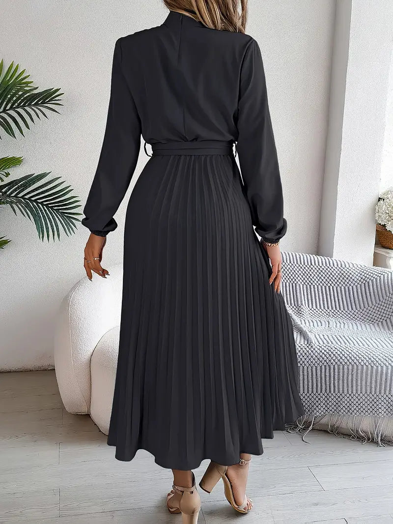 Fashionable women's long sleeve pleated midi dress with an elegant belted waist, for a polished look.
