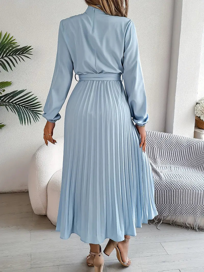 Formal women's belted pleated midi dress, long sleeves, ideal for elegant events & spring/fall wear.
