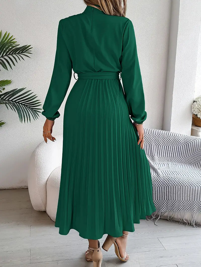 Versatile women's long sleeve belted pleated midi dress, suitable for both formal & casual occasions.