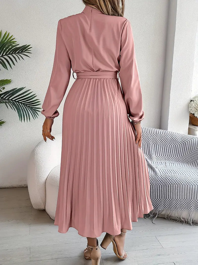 Classic women's long sleeve belted pleated midi dress. An elegant choice for fall, spring, or formal wear.