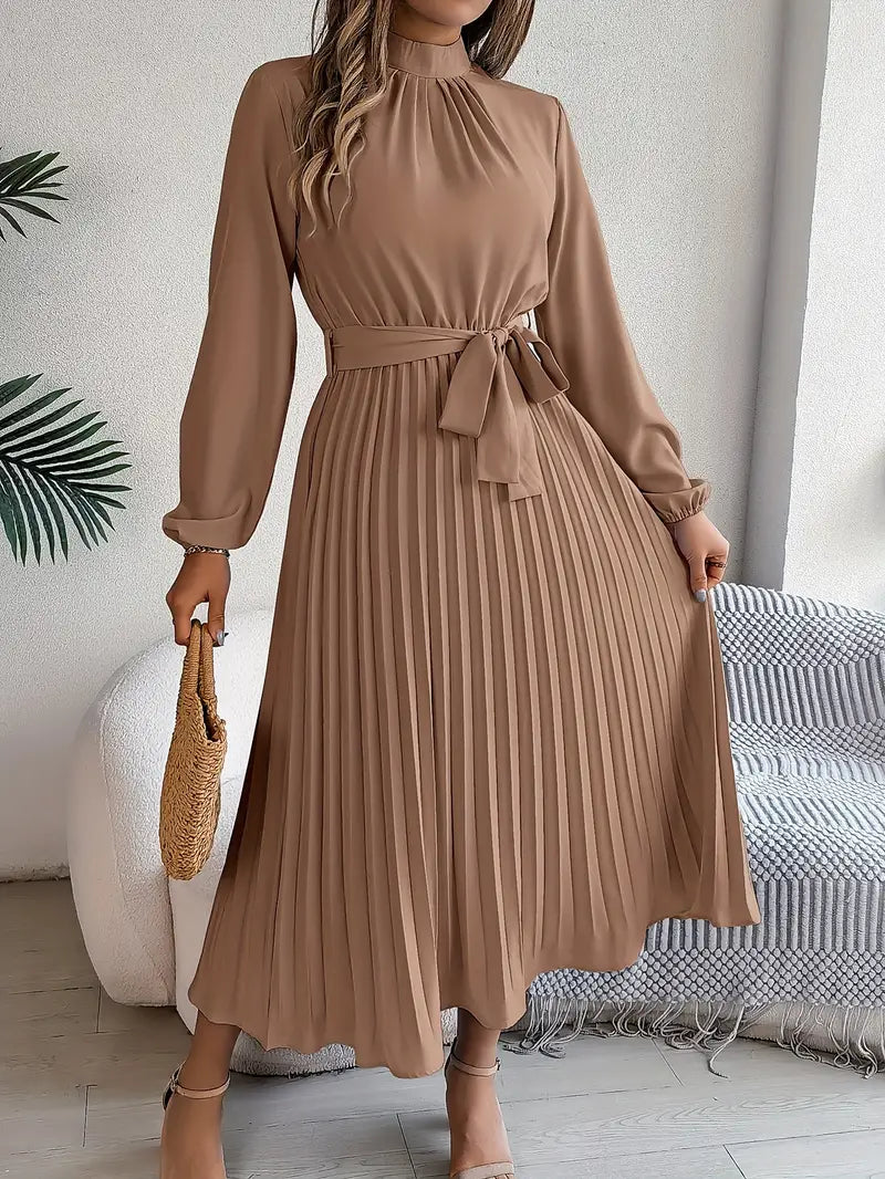 Sophisticated women's long sleeve pleated midi dress with an elegant belt, perfect for formal events.