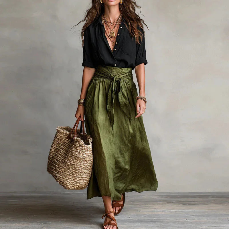 Women's elegant long sleeve skirt suit, a versatile two-piece outfit for office, business, or casual chic.