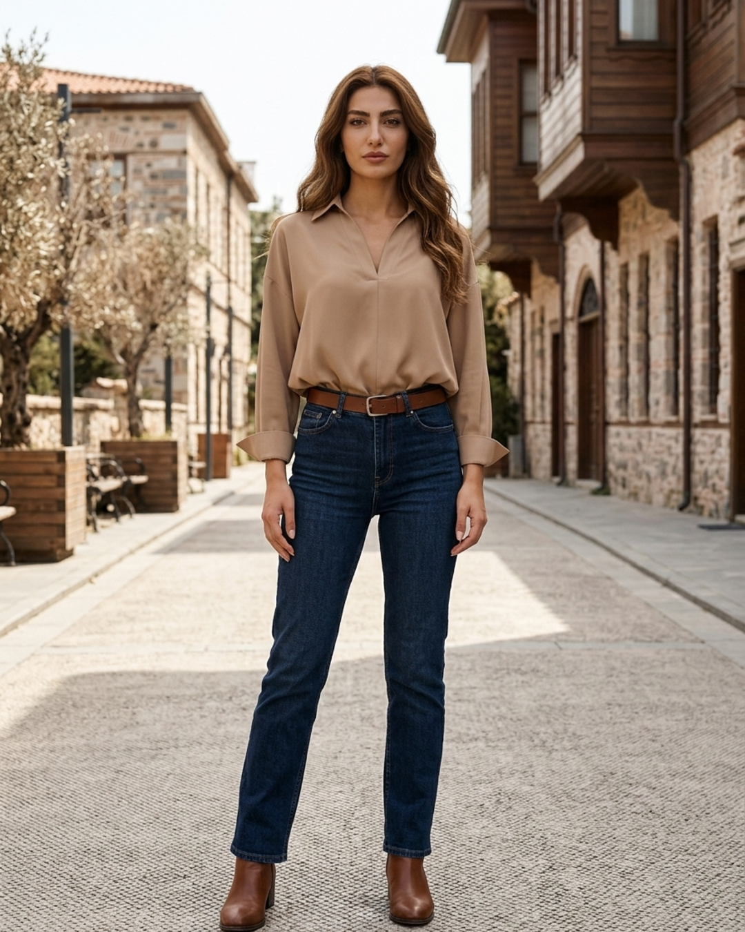 Chic women's long sleeve V-neck collared blouse bodysuit, ideal workwear fashion for a polished and professional style.