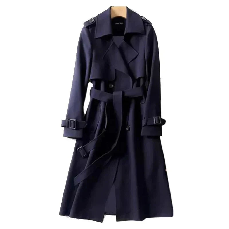 Stylish women's double-breasted trenchcoat with a classic structured collar and tie waist, perfect for work.