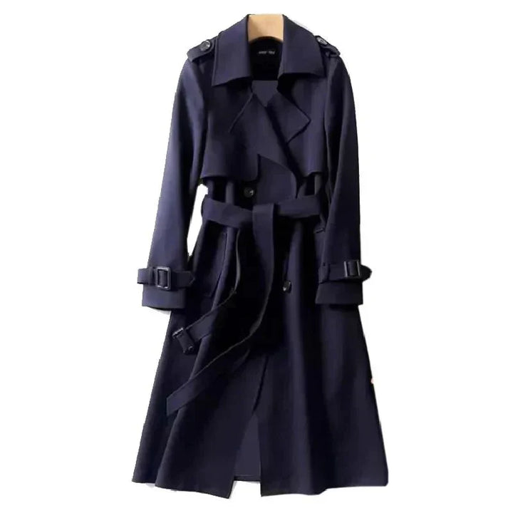 Stylish women's double-breasted trenchcoat with a classic structured collar and tie waist, perfect for work.