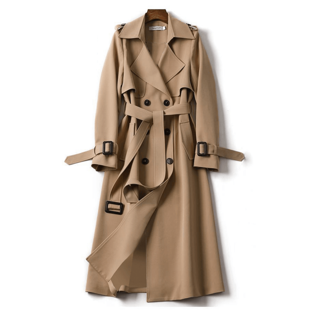 Sophisticated women's long trenchcoat with a cinching tie belt, double-breasted buttons, and structured collar.