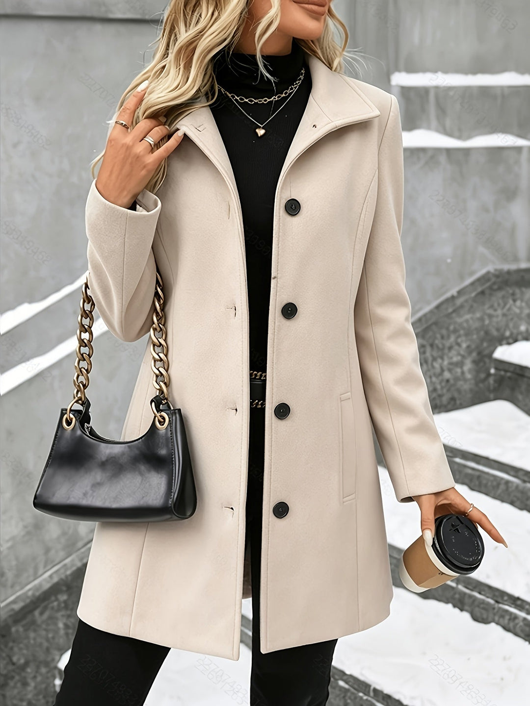 Sophisticated longline women's coat featuring an elegant tailored notch collar. Ideal for winter outerwear.