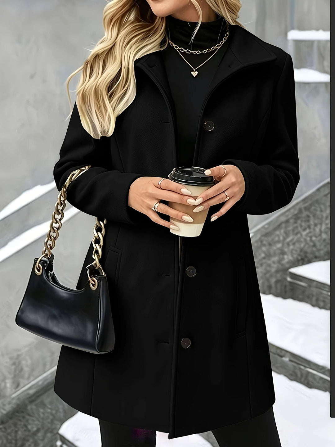 Stylish women's longline winter coat. Features a tailored notch collar and single-breasted design.