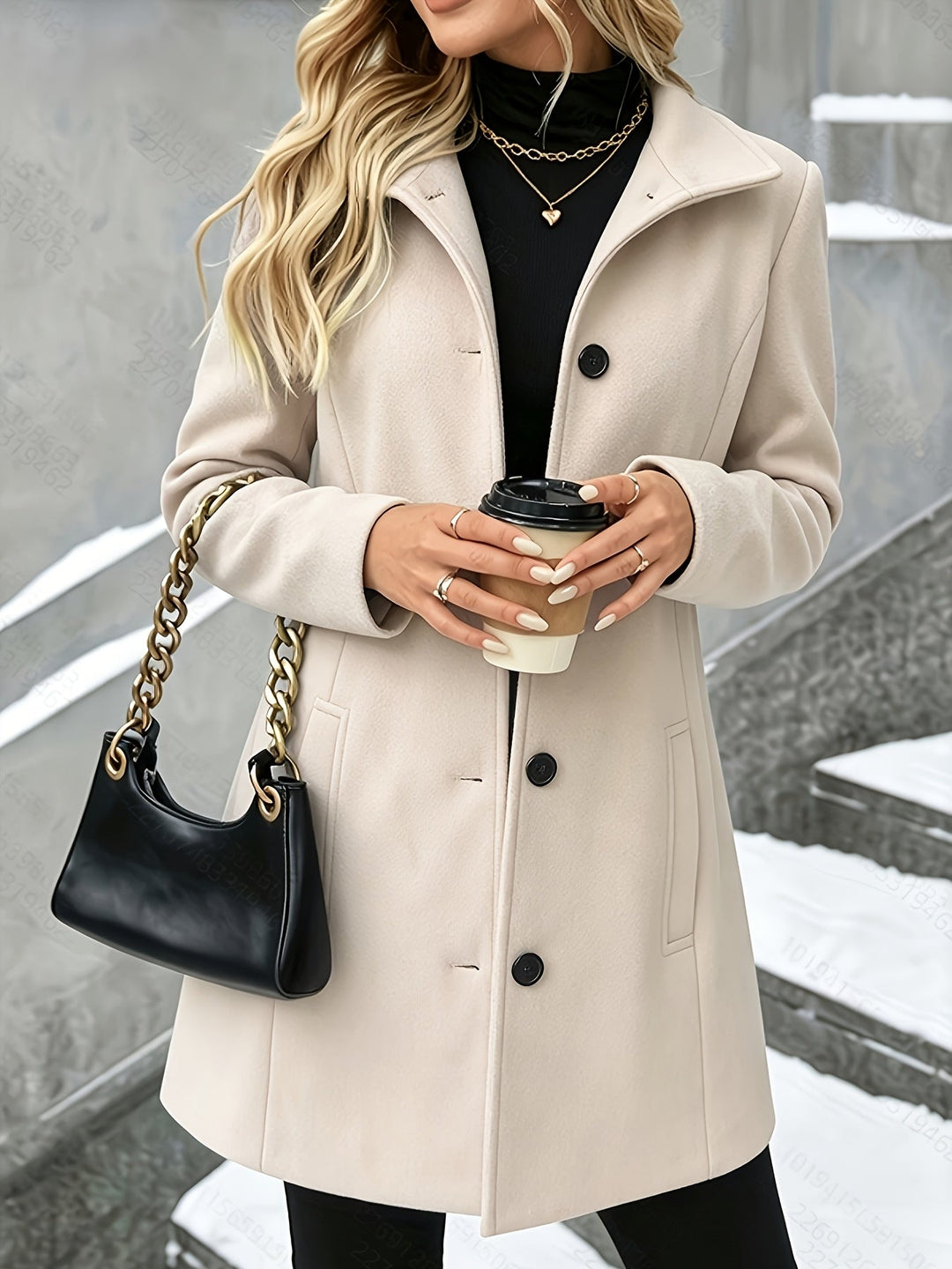 Classy longline coat for women, elegant and tailored with a distinctive notch collar. Winter outerwear.