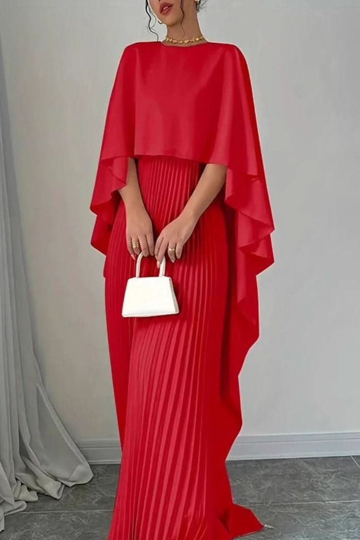 Chic women's luxe pleated maxi dress with cape. A stylish and elegant choice for formal evening events.
