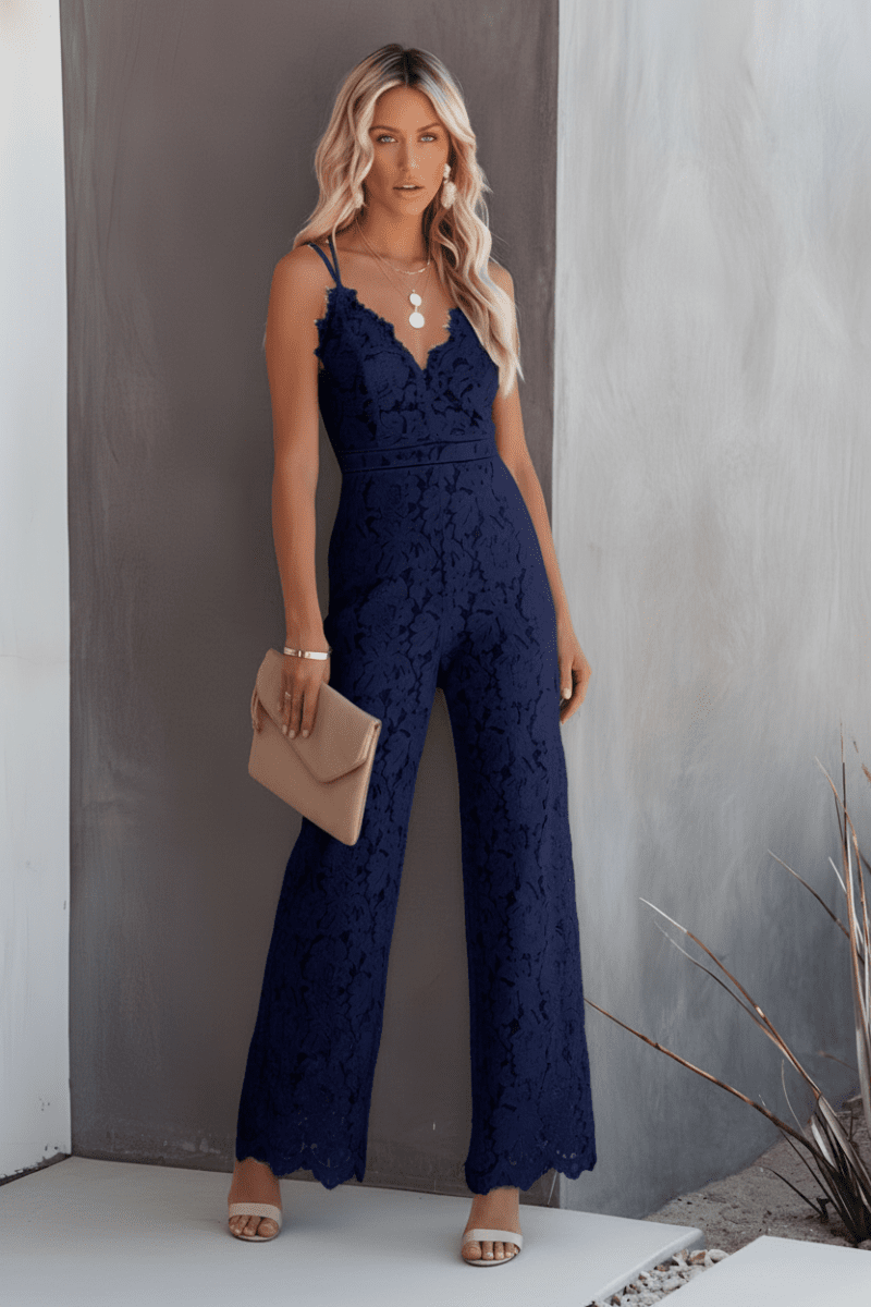 Flattering women's wide leg jumpsuit with elegant style. Perfect formal evening wear for women.