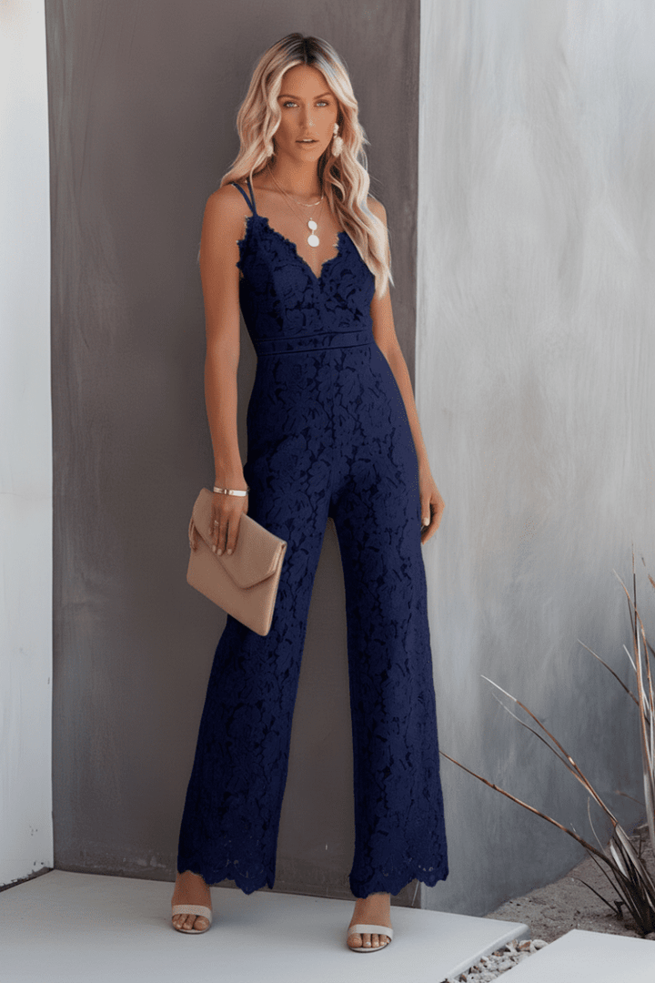 Flattering women's wide leg jumpsuit with elegant style. Perfect formal evening wear for women.