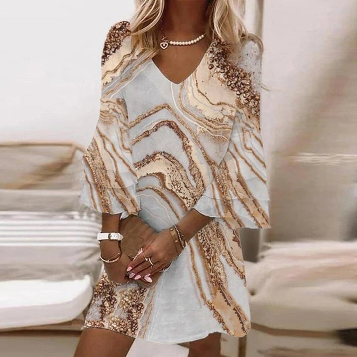 Elegant women's marble swirl mini dress with chic flare sleeves and V-neck, perfect for casual or party wear.