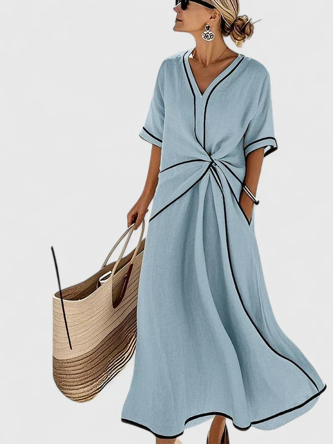 Casual A-line maxi dress for women, featuring a chic twist front & contrast trim, ideal for summer & travel.
