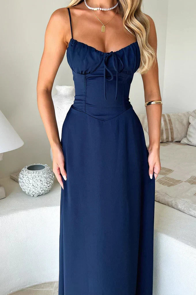 Gorgeous special occasion maxi dress, an elegant sweetheart corset gown for wedding guests.