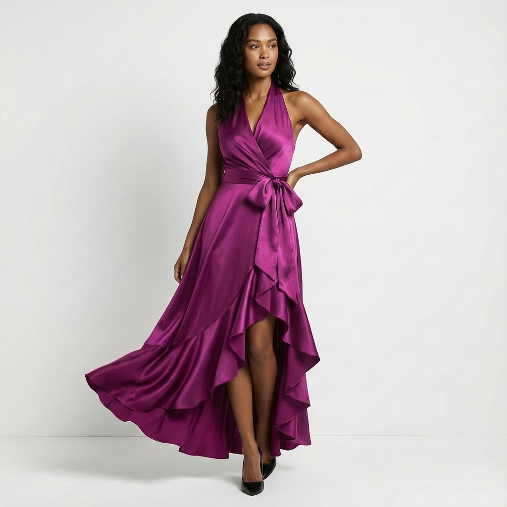 Elegant women's maxi wedding guest dress with tie-waist bow. Perfect for formal events & special occasions.