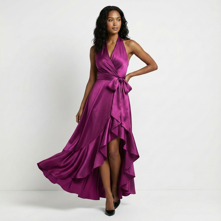 Elegant women's maxi wedding guest dress with tie-waist bow. Perfect for formal events & special occasions.