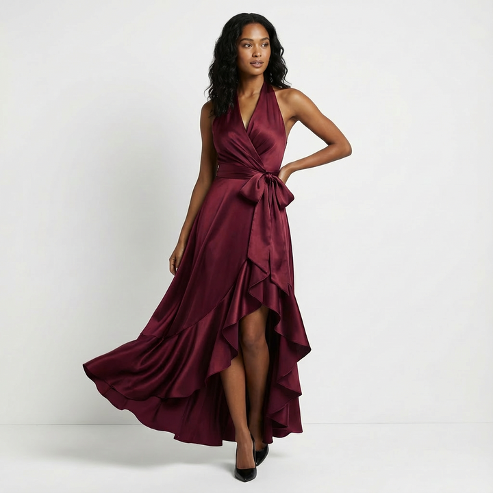 Sophisticated women's long evening gown, a chic tie-waist maxi dress for wedding guests.