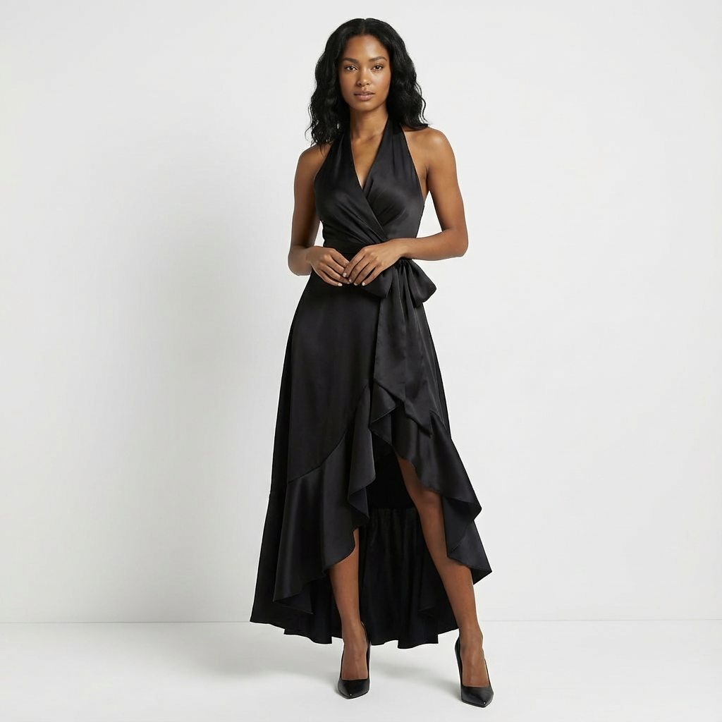 Feminine formal maxi dress with elegant tie-waist bow detail, ideal for party or special occasion.