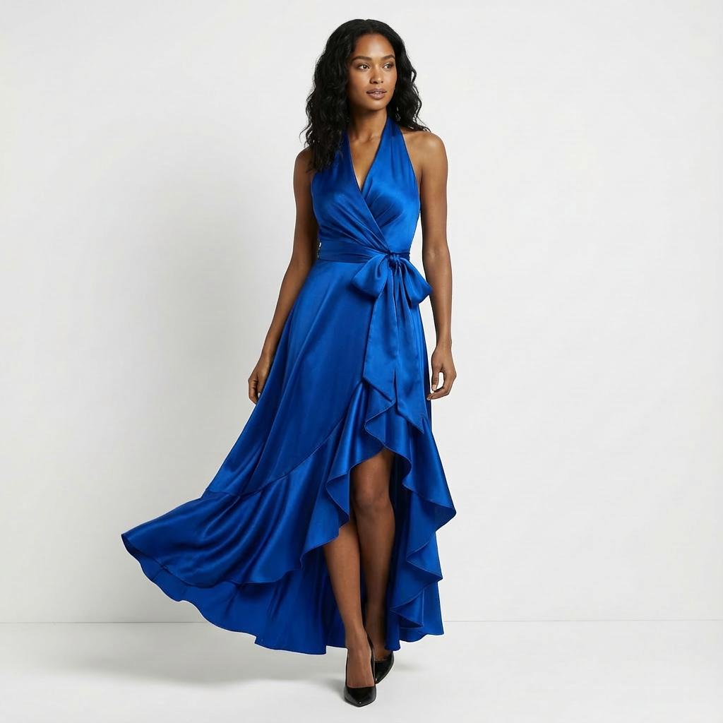 Flowing fabric of an elegant women's maxi dress, perfect for a wedding guest or formal evening gown.