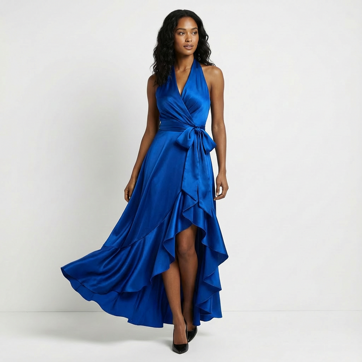 Flowing fabric of an elegant women's maxi dress, perfect for a wedding guest or formal evening gown.