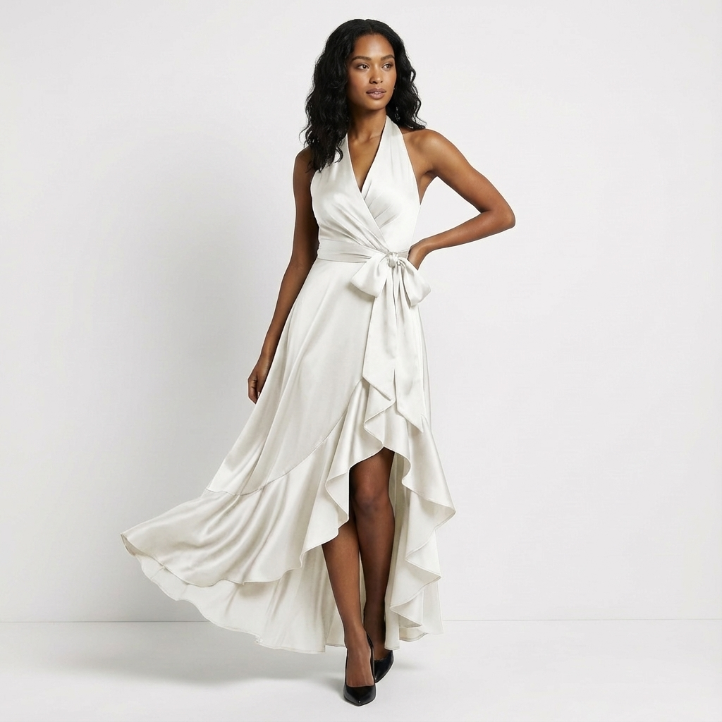 Stylish women's tie-waist maxi dress, a sophisticated wedding guest or formal party gown.