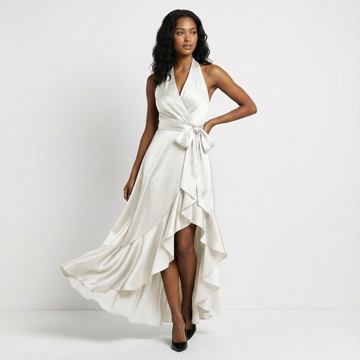 Stylish women's tie-waist maxi dress, a sophisticated wedding guest or formal party gown.