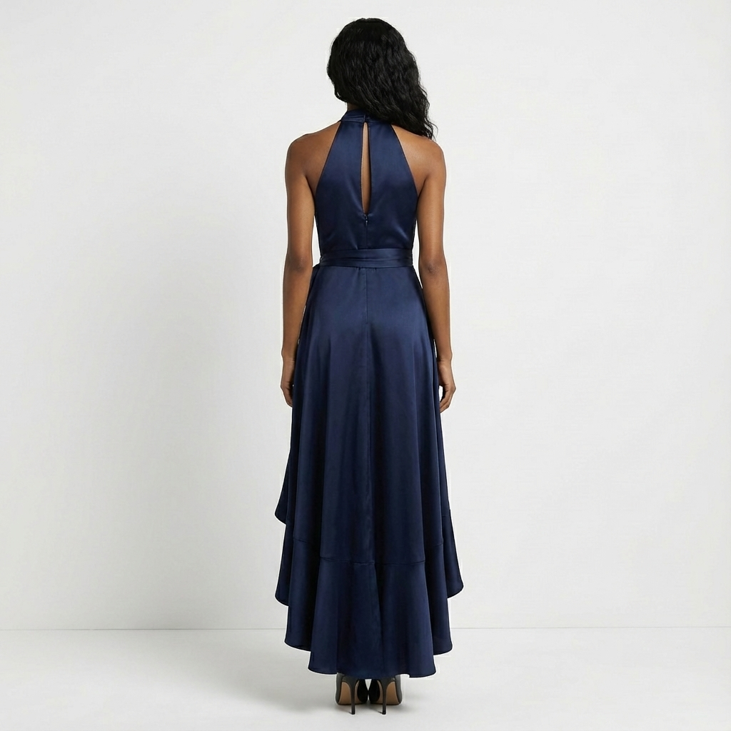 Women's elegant maxi wedding guest dress with a tie-waist bow, displayed for formal fashion.