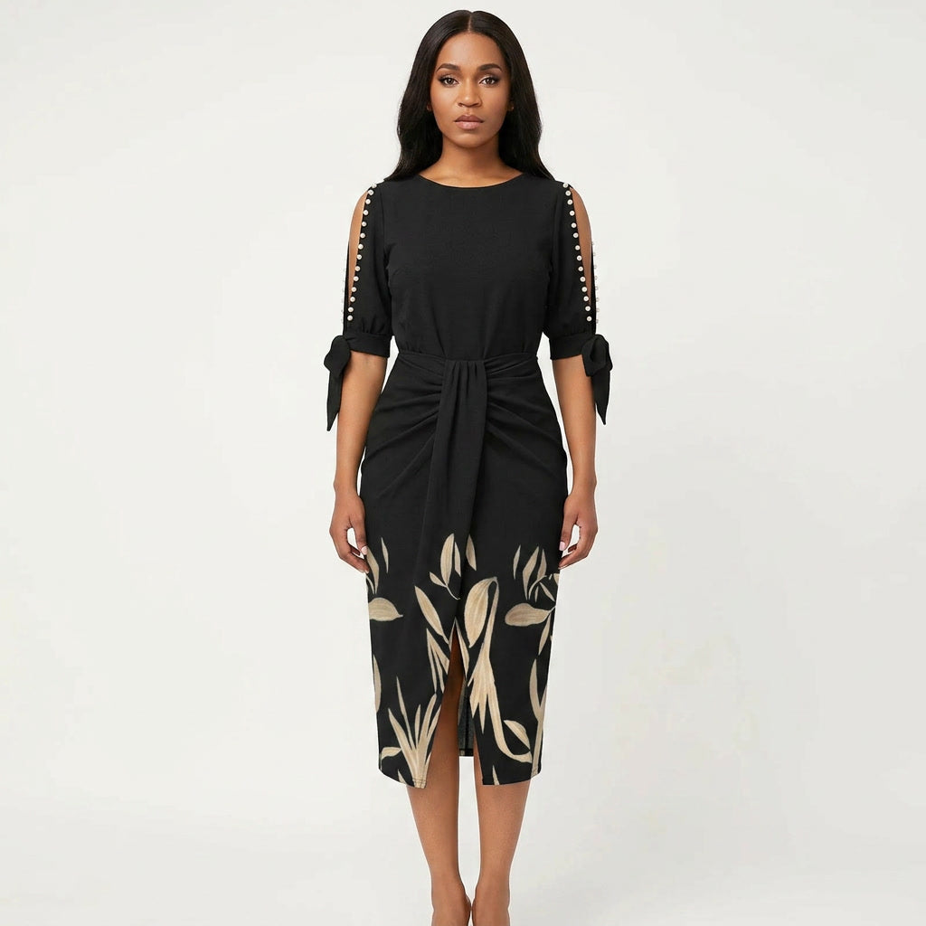 Elegant women's midi cocktail dress with delicate lace sleeves, V-neck, and flattering wrap style for special occasions.