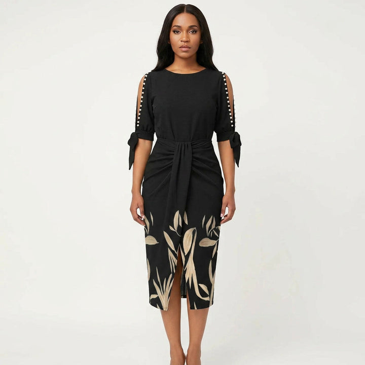 Elegant women's midi cocktail dress with delicate lace sleeves, V-neck, and flattering wrap style for special occasions.
