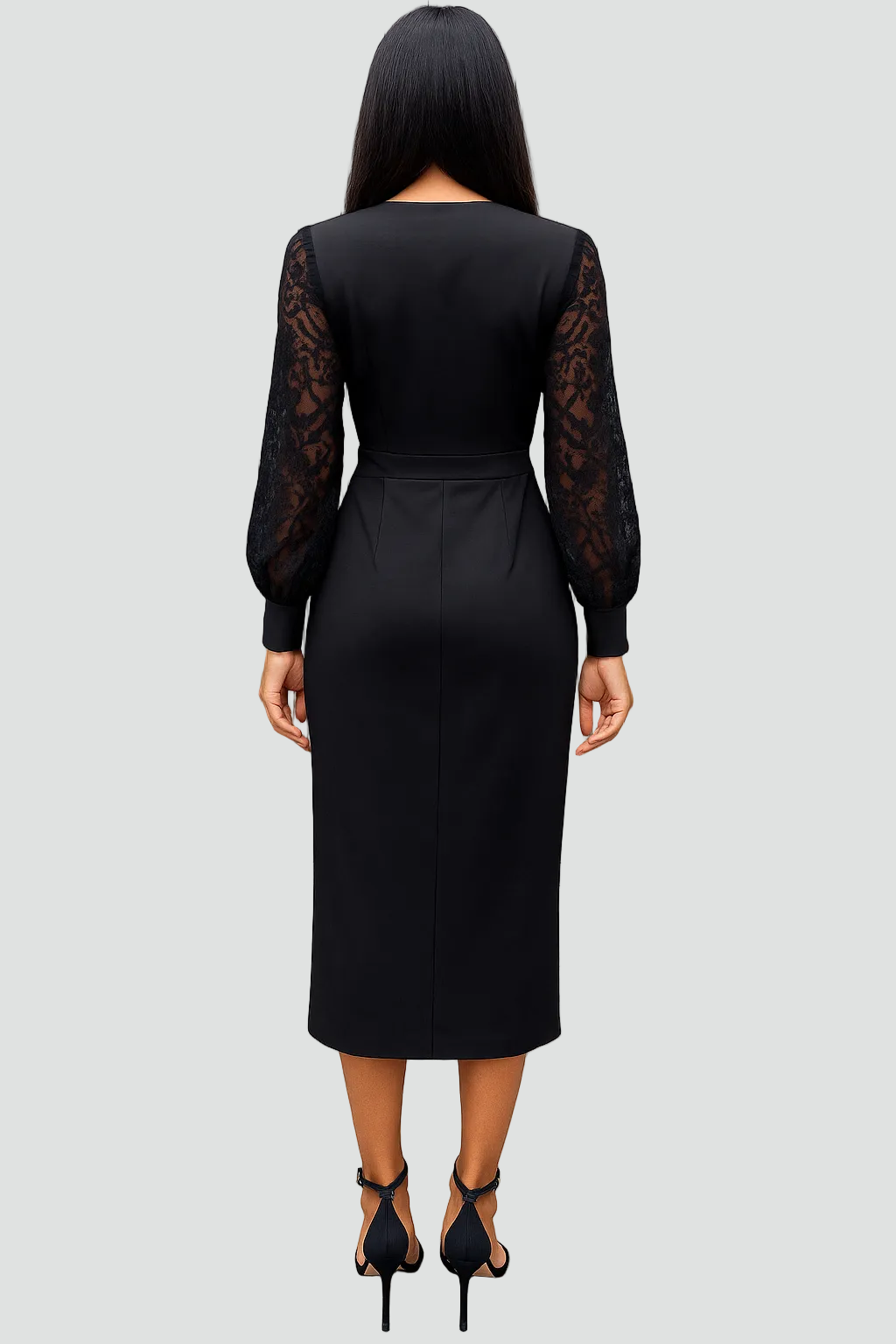 Chic V-neck midi cocktail dress for women, with intricate lace sleeves and a comfortable wrap fit for formal wear.