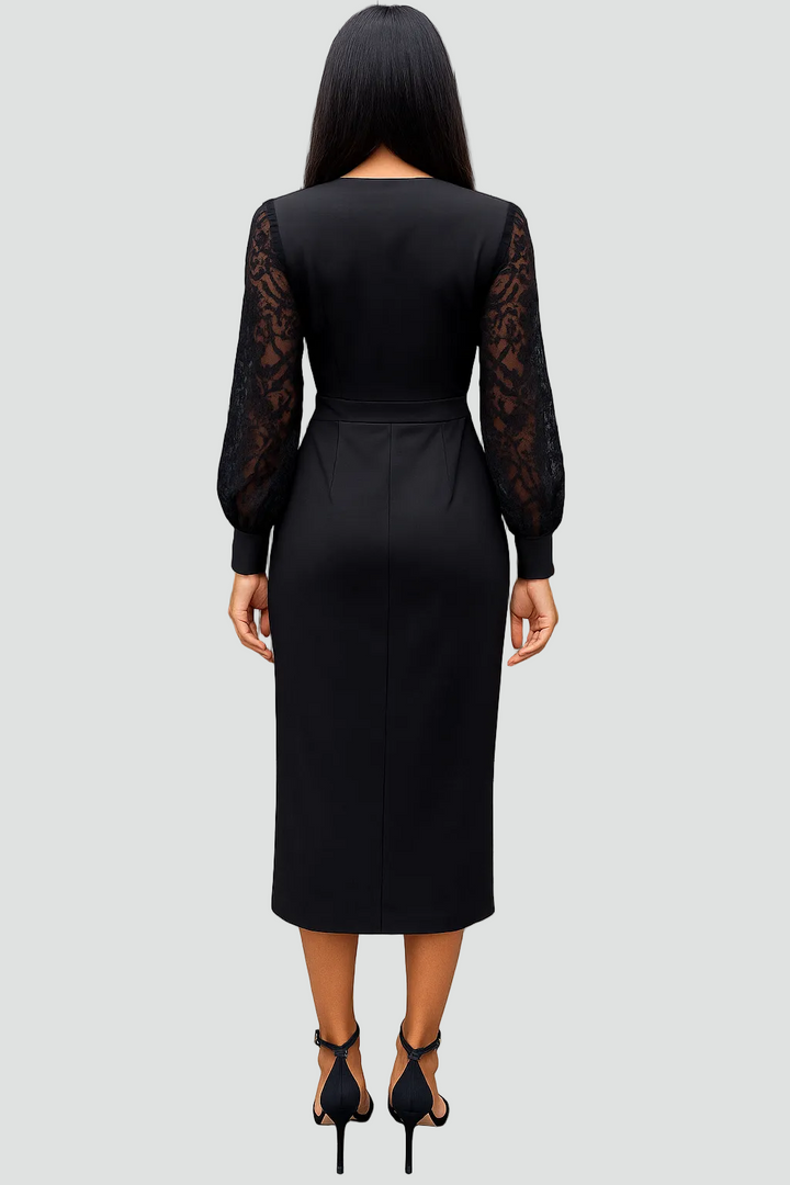 Chic V-neck midi cocktail dress for women, with intricate lace sleeves and a comfortable wrap fit for formal wear.