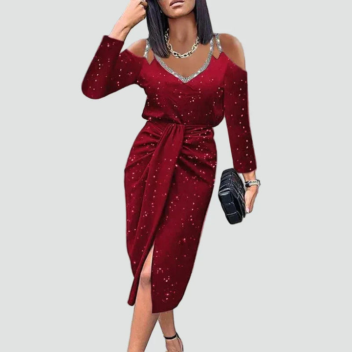 Stylish women's midi evening dress with elegant lace sleeves, V-neck, and a comfortable wrap design, occasion wear.